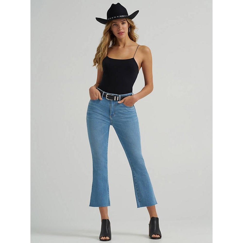 Wrangler Womens High Rise Kick Flare Jeans Blue Raw Hem Size 8